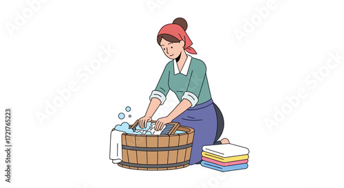 Woman Washing Clothes in a Wooden Tub A Simple Illustration of Domesticity