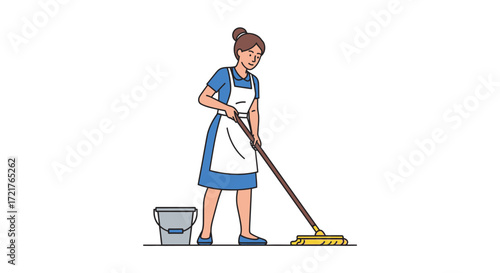 Woman in Uniform Cleaning the Floor with Mop and Bucket Against White Background