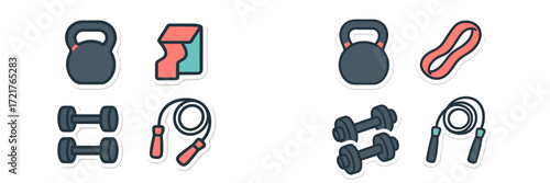 Workout equipment including kettlebells, dumbbells, and jump ropes for fitness activities at home or gym