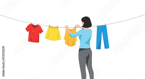 Woman Hanging Clothes on a Clothesline A Simple Illustration of Laundry Day