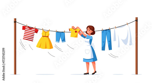Woman Hanging Laundry on a Clothesline A Charming Illustration