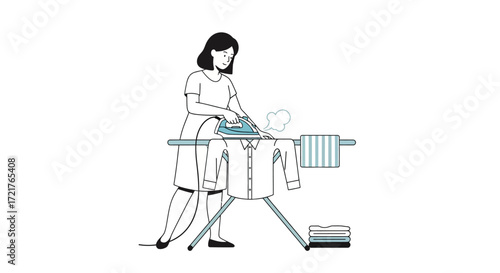 A focused woman diligently performs the everyday task of ironing, using a steam iron to smooth out wrinkles from various garments on an ironing board, highlighting a common domestic routine