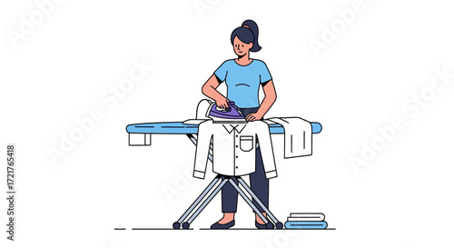 Illustration of a Woman Ironing Clothes at Home on an Ironing Board with Clean Laundry