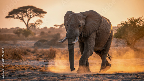 An African elephant walks through a dusty savanna at sunset, kicking up sand with its feet.
