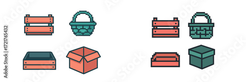 Different styles of storage containers and baskets designed in pixel art, perfect for game design or decorative purposes