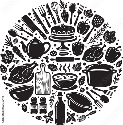 Kitchen utensils and food ingredients vector illustration in round shape