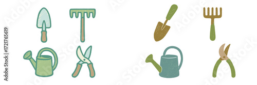 Gardening tools displayed on a white background including watering can, trowel, pruner, and rake for home gardening use