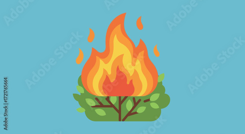 Burning bush illustration depicting flames and vibrant green foliage.