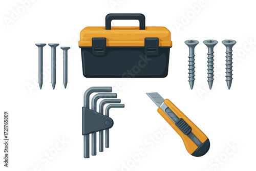 Toolbox with various tools including screws, nails, and a utility knife for home repair projects
