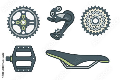 Bicycle parts including gears, derailleur, pedals, and saddle for maintenance and repair purposes