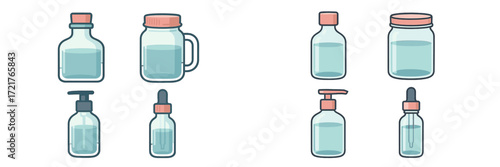 Various types of containers with liquid, showcasing bottles, jars, and droppers in a simple layout