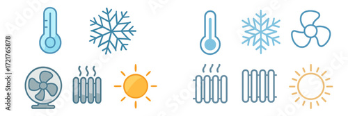 Weather symbols showing temperature changes, seasonal variations, and climate elements in a clear and simple design
