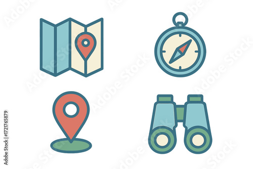 Colorful navigation icons representing map, location pin, compass, and binoculars for travel and exploration purposes