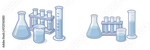 Laboratory glassware with blue liquids displayed on a clean surface in a scientific setting