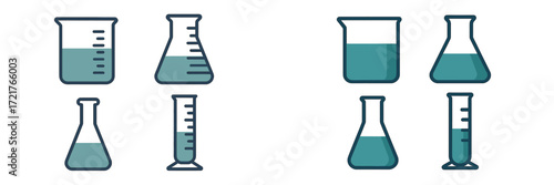 Various laboratory glassware filled with aqueous solutions displayed for science experiments in a lab setting