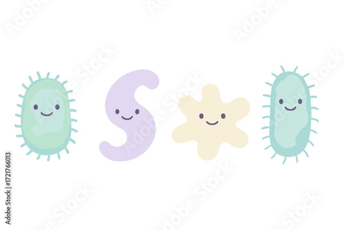 Colorful cartoon germs designed for educational materials about bacteria and microbes sharing a friendly vibe