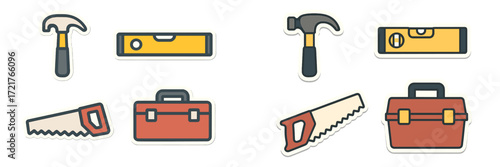 Tools and equipment for construction and repair tasks displayed in a colorful and organized arrangement