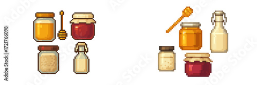 Variety of jars with honey, jams, and other ingredients displayed on a clean surface
