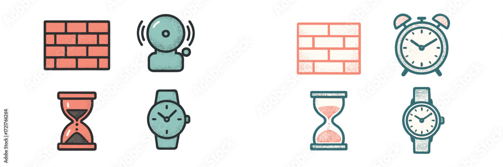 Fototapeta premium Creative illustration of clocks, hourglasses, and alarms against a brick background showcasing the concept of time management