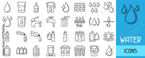 Water linear icon set. Aqua or liquid thin line illustration.