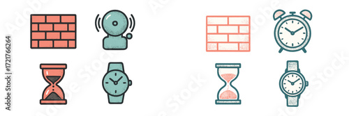 Creative illustration of clocks, hourglasses, and alarms against a brick background showcasing the concept of time management