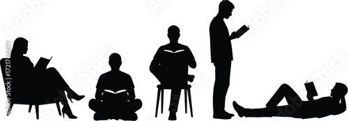 Silhouettes of people reading books in various seated, standing, and reclined positions, perfect for education, leisure, literature, and lifestyle themes