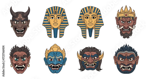 Diverse Collection of Mythological and Historical Masks Displayed on White Background.