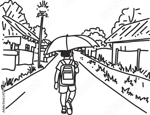 Vector line art of rural children walking to school in sun and rain. Symbolizes education, struggle, and village life. EPS-ready for editorial and lifestyle themes.