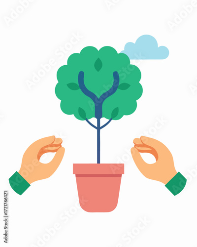 Hands caring for a potted plant with a cloud in the background
