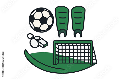 Sports equipment for soccer training including a ball, shin guards, whistle, and goal on a green field background