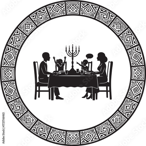 Family dinner at table with decorative border, black and white vector illustration
