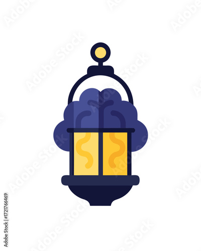 A dark blue hanging lantern with yellow panes and a blue cloud shape inside