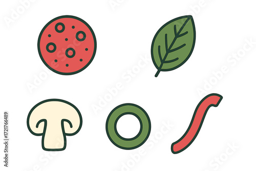 Colorful illustrations of pizza toppings including pepperoni, leaf, mushroom, green pepper, and strip of meat on a white background