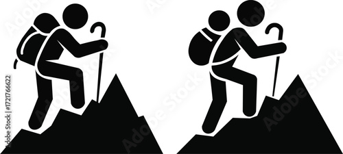 Silhouette hikers climbing mountains with backpacks and poles iconic adventure symbol set vector