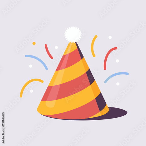 Colorful Striped Party Hat with Pom Pom and Confetti Festive Celebration Decoration Joyful Event Illustration Isolated on Light Background