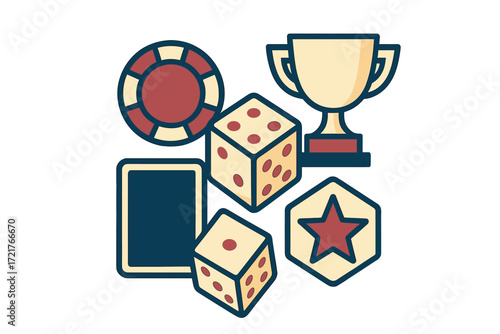 Colorful gaming symbols featuring dice, cards, a trophy, and chips to represent fun and competition
