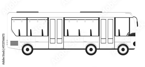 City bus side view doodle linear object. Transit vehicle. Urban transport with empty passenger seats 2D vector outline clip art drawing isolated on white. Hand drawn sketch illustration