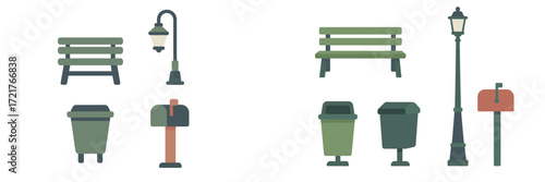 Park furniture design featuring benches, street lamps, and trash bins in a modern style