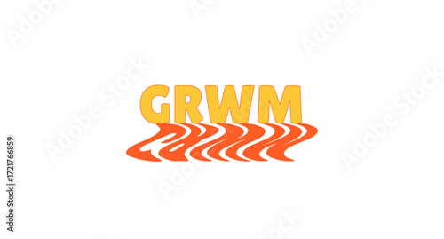 GRWM abbreviation bold internet slang with wavy orange shadow. Get ready with me lingo. Influencer beauty, fashion routine. Social media buzzword. Funky reflection 70s typography. Lilita One font used