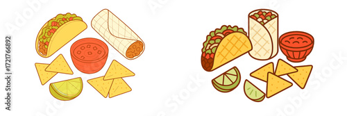 Colorful Mexican food spread featuring tacos, burritos, and tortilla chips with lime wedges on a bright background