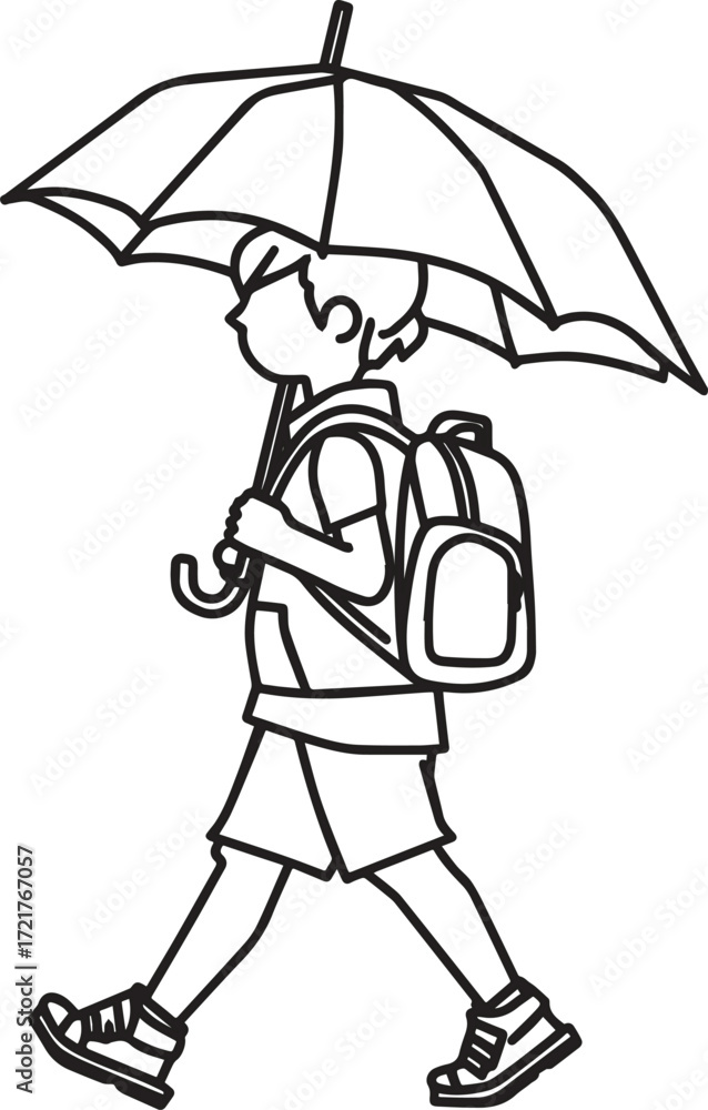 Fototapeta premium Vector line art of rural children walking to school in sun and rain. Symbolizes education, struggle, and village life. EPS-ready for editorial and lifestyle themes.