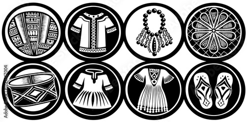 Vector illustration set of African fashion theme, African dashiki shirt, gele headwrap, kente cloth, beaded jewelry, boubou dress, Maasai shuka, sandals, tribal necklace