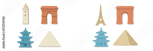 Colorful architectural shapes representing famous landmarks from around the world suitable for educational activities
