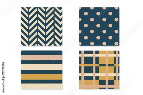 Modern decorative patterns displayed in a square format showcasing various designs and colors