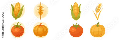 Illustration of various vegetables and grains showcasing corn, wheat, tomatoes, and pumpkins in a colorful display