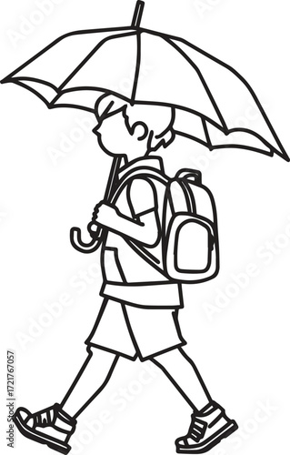 Vector line art of rural children walking to school in sun and rain. Symbolizes education, struggle, and village life. EPS-ready for editorial and lifestyle themes.