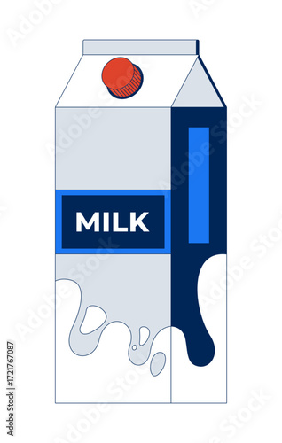 Milk carton package with splash design 2D cartoon object. Dairy product packaging, branding. Healthy drink. Grocery item. Beverage box isolated element flat vector clip art on white. Spot illustration