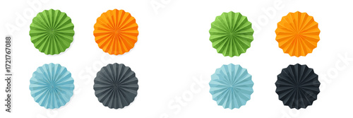 Colorful paper decorations arranged in different shades and patterns for a festive occasion