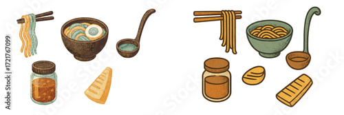 Illustration of traditional Asian dishes featuring noodles, broth, and condiments in a colorful design