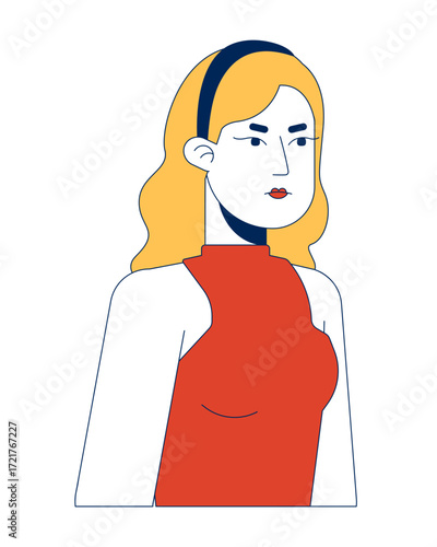 Frowning blonde woman in red sleeveless top 2D cartoon character. Headband long hair caucasian female with serious expression flat vector person isolated on white. Spot illustration colorful